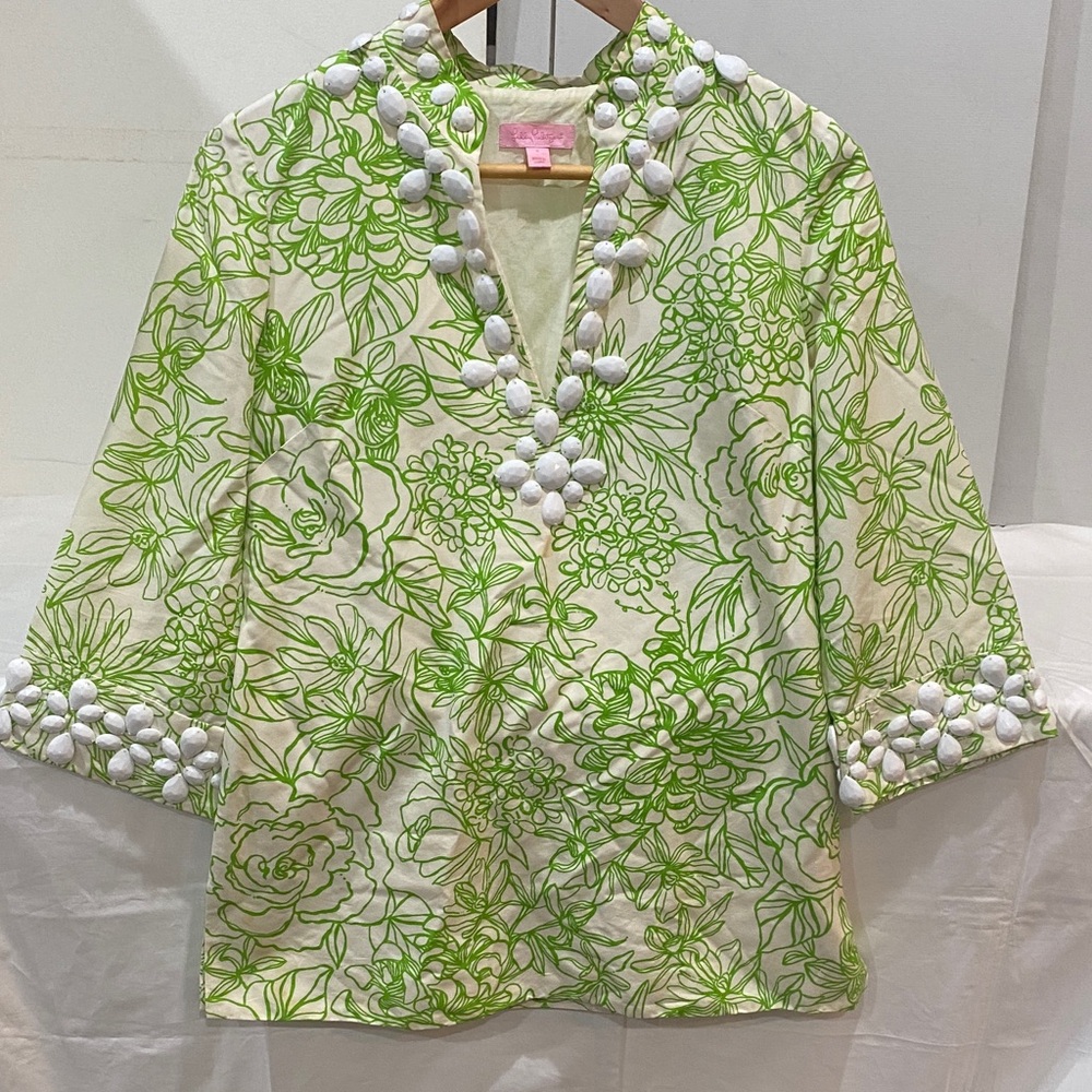 Lilly Pulitzer Green white Floral Silk Cotton Tunic Beaded Accents Size 0